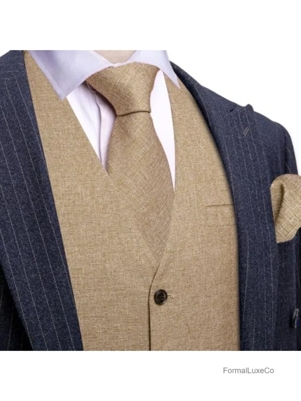 Men's Linen V-Neck Suit Vest & Tie Set with Handkerchief, Cufflinks, Tie Clip